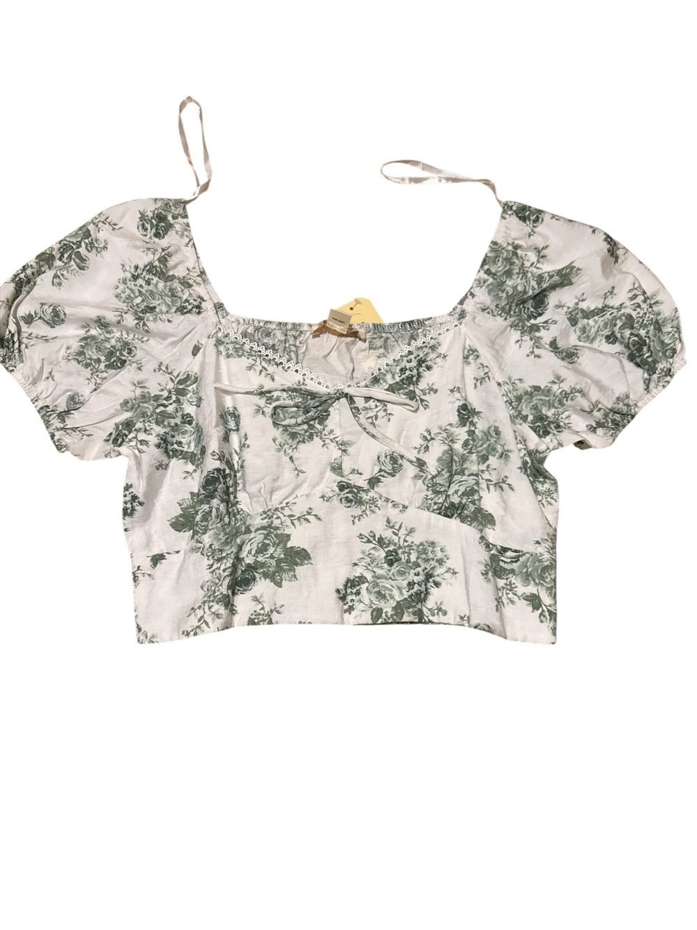 Puff-Sleeve Cropped Top with Green Floral Print - Picture 2 of 5